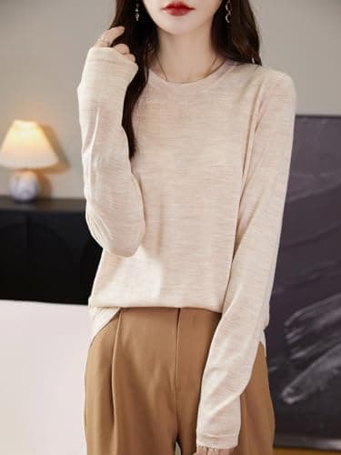 Chanyarn Women's 100% Merino Wool Base Layer Thermal Tops Crewneck Long Sleeve Travel Hiking Thermal T Shirt Pullover (Beige,L) — view 5