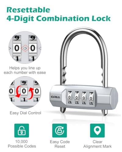 ORIA 4 Digit Combination Padlock with Adjustable Long Shackle, U-Shaped Resettable Lock, Security Number Lock, Zinc Alloy Material, Waterproof Padlock for Gym/Bicycle/Toolbox/Cabinet - Silver — view 4