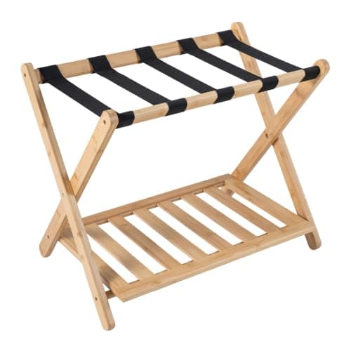 COSTWAY Bamboo Luggage Rack, Folding Suitcase Stand (Natural+Black, 1PC)