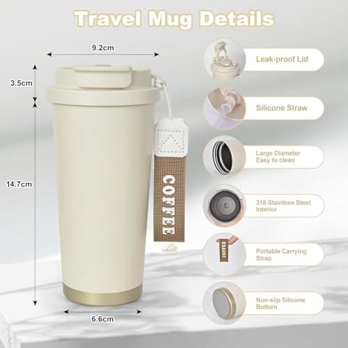 Coffee Cup Travel Mug 530ml, Insulated Coffee Cup with Leakproof Lid, Double-Wall Coffee Mug, Reusable Coffee Cups with Flip Straw, Vacuum Stainless Steel Thermal Mug for Hot and Cold Drinks (White) — view 2