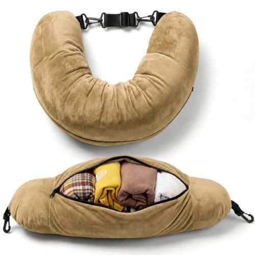 Campoverde Travel Neck Pillow Storage Bag, U-Shaped Pillowcase with Adjustable Shoulder Strap, Portable Organizer for Flight, Train and Car Travel(Khaki)