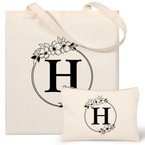 Tecanne Personalised Initial Canvas Tote Bag and Makeup Bag Set, 26 Letters Monogrammed Cotton Reusable Bags for Beach Travel Work School, Gift for Women Mum Teachers Nurses (H)