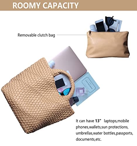 Dyalsa Women Woven Tote Bag, Vegan Leather Handbag Large Summer Beach Bag and Purse Retro Handmade Travel Shoulder Bag (Apricot) — view 4