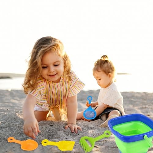 NQEUEPN 6pcs Beach Toys Set, Collapsible Bucket with 4 Shovels Sand Toys & Mesh Bag Foldable Portable Travel Beach Bucket Sand Toys for Kids Boys Girls Fun Summer Beach Party Activities (Blue) — view 3
