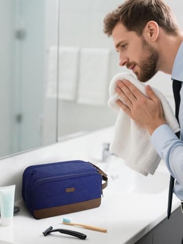 WANDF Toiletry Bag for Men Travel Wash Bag Toiletry Organizer Canvas and PU Leather Dopp Kit Water-Resistant Shaving Kit for Travel Accessories (Blue, Patent Pending) — view 5