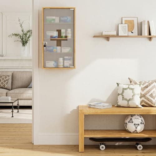 HEYZOEY Bamboo Medicine Cabinet with Lock, Wall Mounted Bathroom Storage Cabinet, Wooden Medicine Organiser for First Aid & Medicine Storage, Adjustable Shelves — view 2