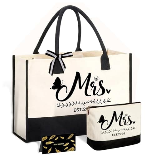 RUQVKWLA Bride To Be Gifts 2026 Tote Bag Set with Makeup Bag and Card Mrs Canvas Bag Wedding Gift for Bride To Be Bridal Shower Engagement Bachelorette Party Honeymoon Large Capacity Gift Set