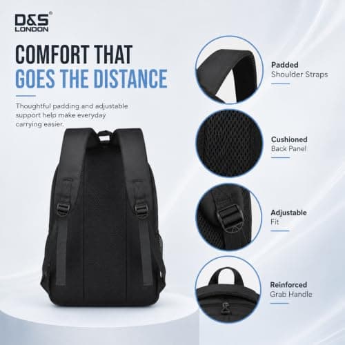 D&S London Laptop Backpack for Men & Women - Weatherproof Travel Rucksack for Work, School & Business - 15.6-17 inch Laptop Bag, Large 30L Capacity, Anti-Theft Flight Cabin Bag (Grey),Black — view 5
