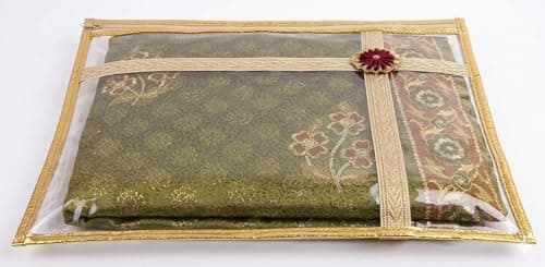 Indianearth Enterprises Premium Transparent Saree Cover, Saree Bags For Storage, with Gold Border and Flower Brooch, Clothes Cover Organizer for Wardrobe, Travel, Wedding Dresses (Pack of 10) — view 3