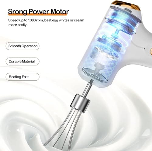 FIOUSY Electric Hand Whisk, USB Rechargeable, Wireless Portable Egg Beater with 2 Detachable Whisks with 3 Speed Modes for Eggs/Milkshake Cream/Butter/Baby Food, Fit for Kitchen/Camping/Gifts (White) — view 2