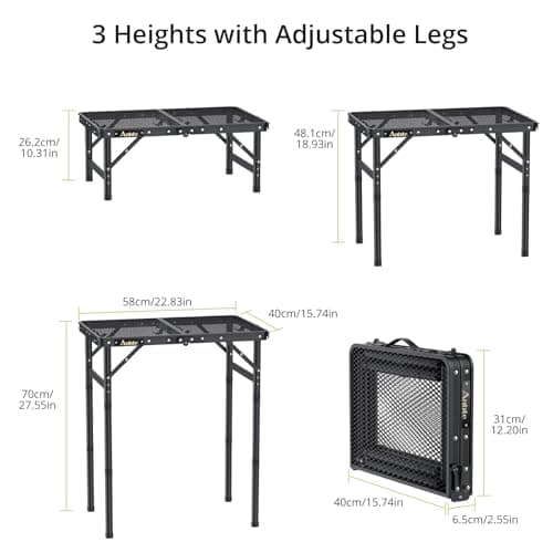 Anbte Folding Grill Table, 3 Adjustable Heights Aluminum Camping Table with Heat-Resistant Mesh Desktop, Lightweight outdoor Table, Portable Handle for Outside BBQ Cooking, 58 cm x 40 cm, Black — view 3
