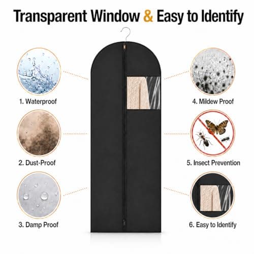 Sytinnice 2 Pack Dress Bags Covers Long 60 x 140 cm / 24 x 55 in, PEVA Hanging Garment Bags with Zipper, Waterproof Dustproof Clothes Covers for Wedding Dress, Gowns, Suits, Coats — view 4
