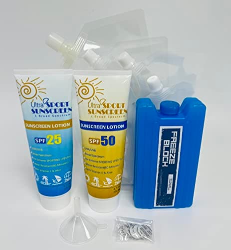 Binocktails 7 Pack Secret Flask Set – 2 Sunscreen Flasks + Ice Pack Flask Plus 4 Soft Pouches – Drink Pouches for Festivals and Games– Take Your Favourite Drink Anywhere