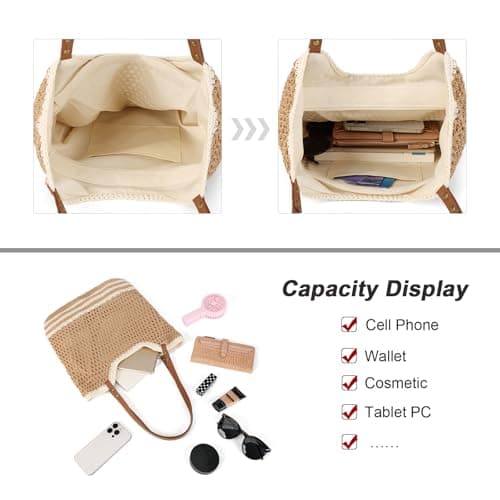 GLITZALL Beach Tote Bag for Women Cotton Rope Woven Shoulder Bag, Large Crochet Summer Handbag with with Faux PU Handles, Lightweight Travel Shopper Bag for Holiday Beach Shopping Everyday — view 4
