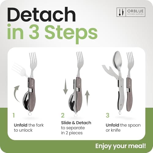 ORBLUE 4-in-1 Camping Cutlery Set 2-Pack – Stainless Steel Foldable Spoon Fork Knife Bottle Opener with Pouch – Portable Travel Cutlery & Camping Utensils for Hiking & Outdoor Use – Gray — view 3