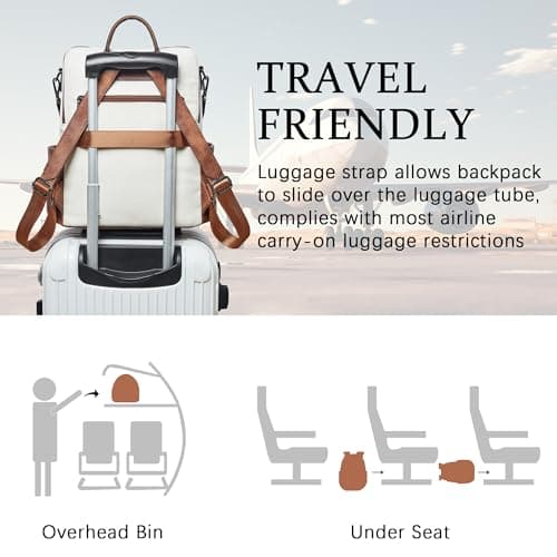 Shrrie Vegan Leather Laptop Backpack for Women 15.6 inch Work Backpack Fashion Travel Backpack Purse for Business College-Beige with Brown — view 5