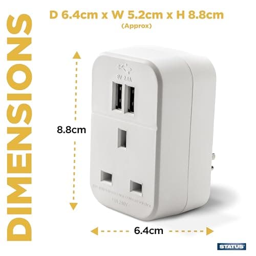 STATUS UK to US International Plug with USB Port Adapter, 3 Pin to 2 Pin US Travel Adaptor, White 2 Port USB Adapter Plug, (S2USBPTINTER1PK3) — view 2