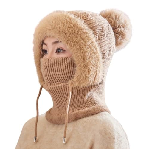 Winter Warm Knitted Cap Neck Warmer Sets Women Knit Balaclava Windproof Skimask Flexible Beanie Hat with Hairball Soft Thick Fleece Lined,Adjustable Face Mask for Outdoor SportsWinter Gift Rose Gold