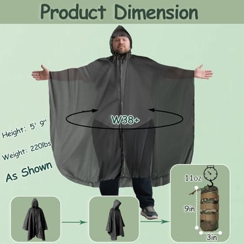 Nomadnia Plus Size Adult Rain Poncho with Hood and Zipper, Poncho Para Lluvia, Tactical Ponchos Adult For Camping, Hiking, Fishing, Travel and Outdoors. Easy to Pack. Black — view 2