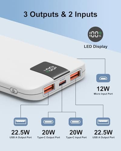 Odetrik Portable Charger 10000mAh 22.5W Power Bank, Fast Charging External Battery Pack with 3 Outputs & 2 Input, Type-C In/Out, LCD Display Slim Portable Phone Charger for Smartphone, Tablets (White) — view 5