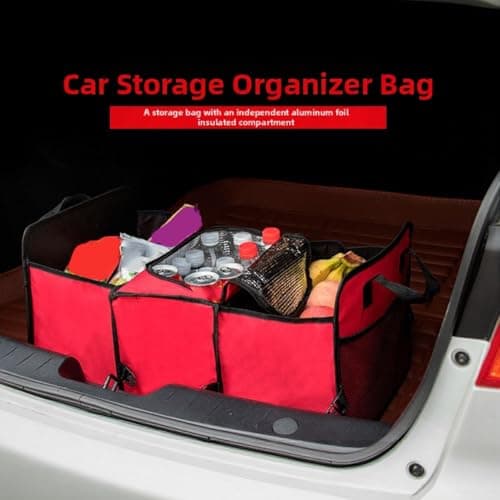 YJDOORPLAY Foldable Car Trunk Storage Bag with Insulated Cooler Pocket, Heavy Duty Oxford Cloth Organizer Box, Multi-Compartment Luggage Tidy for Travel, Red(Red) — view 4
