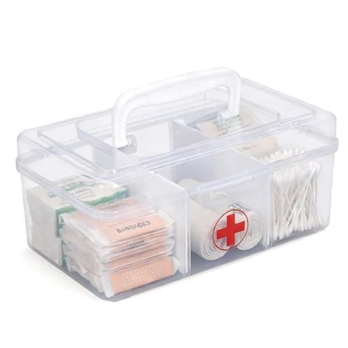 Punorric Medicine Storage Box - Detachable Dividers First Aid Box Empty, Foldable Handle Medical Box & Home First Aid Kit, Transparent Medicine Organiser for Home/Travel/Office-Type A
