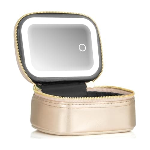 Extrei Gent Small Makeup Bag Travel Train Case with Mirror and Light Mini Travel Makeup Train Case Cosmetic Organizer 3 Adjustable Brightness Toiletry Bag Portable Artist Storage, Gold, Mini