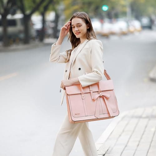 MOSISO Laptop Bag for Women,16 inch PU Leather Computer Bag, Pink — view 2