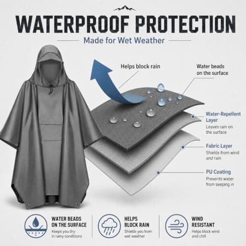Hiseng Adult Poncho Reusable Waterproof Raincoat Hooded (Orange) — view 3