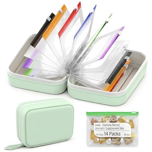 maykawe A8 Waterproof Pill Organiser,14 Color-Coded Pouches 7-14 Day Binder Style,Portable Zippered Storage for Travel & Daily Vitamins