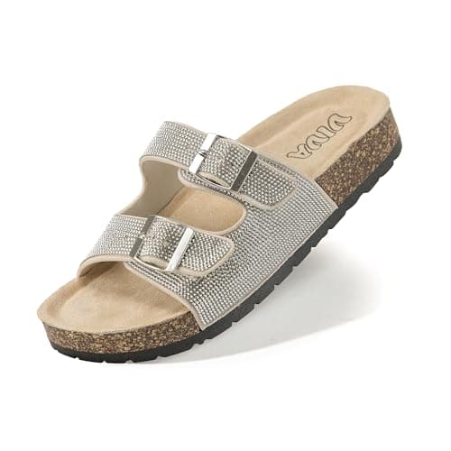 VIVASHOES Women’s Double Buckle Cork Footbed Sandals - Adjustable Flat Slide Sandals for Ladies - Comfortable Open Toe Summer Slippers with Glitter Finish - Silver UK 6 — view 2
