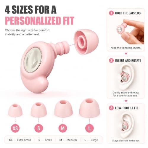 Noise Cancelling Ear Plugs for Sleep & Sleeping, Reusable Silicone Earplugs for Travel, Concerts & Side Sleepers, Ultra-Soft Noise Reduction for Snoring & Tinnitus Relief, 4 Sizes (Pink) — view 5