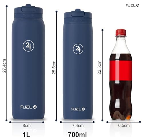 Fuel24 Duo - Stainless Steel Water Bottle 700ml or 1L - Vacuum Insulated Metal Flask with Straw (Dual use Lid) 1 Litre - for Sports, Gym, Work – Slim Design (Midnight, 1000 ml) — view 4