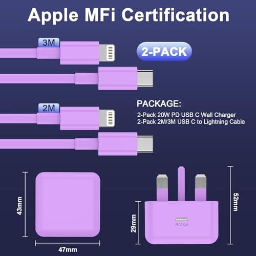 iPhone Charger Fast Charge 2Pack，PD Fast for Apple Charger UK USB C Plug With 2M&3M iPhone Fast Charger Cable [ MFi Certified] Lightning Cable for iPhone 14 13 12 11 Pro Max, iPad (Purple, 2Packs) — view 2