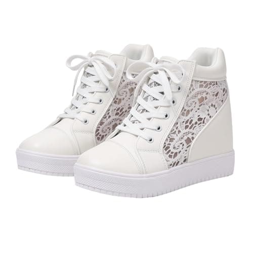 UK 6 White Wedge Sneakers for Bride Women Hidden Heel Ankle High Top Platform Walking Shoes Lace Tennis Sneakers Fashion Bride Wedding Shoes Full White