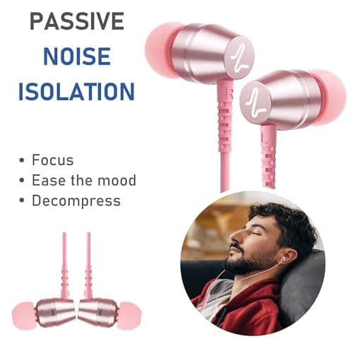 Ludos OMNITONE Wired Earbuds in-Ear Headphones, Earphones with Microphone, 5 Years Warranty, Noise Isolation Corded for 3.5mm Jack Ear Buds for iPhone, iPad, Samsung, Laptop, Gaming, Sports - Pink — view 5