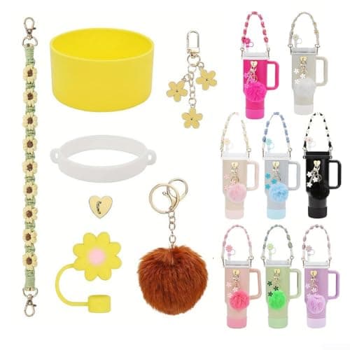 Silicone Cup Chain Accessories 7PCS for 30oz and 40oz Hydration Bottles with Hand Strap and Wool Ball Pendant for Secure Handling (green) — view 5