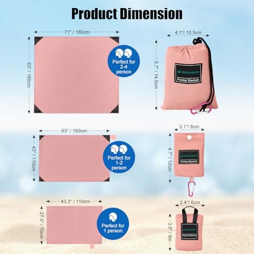Odoland Outdoor Pocket Travel Blanket Beach Mat - Waterproof Sand Proof Beach Blanket, Picnic Mat - Multi Colour and Sizes - Portable Lightweight for Camping, Picnic Pink M — view 2