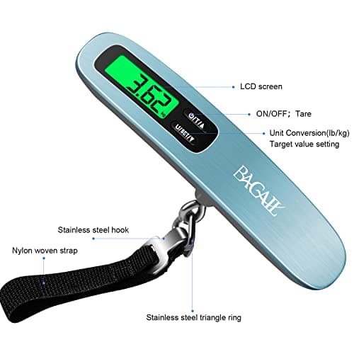 BAGAIL Digital Luggage Scale, Hanging Baggage Scale with Backlit LCD Display, Travel Weight Scale, Portable Suitcase Weighing Scale with Hook, 110lb/50kg Capacity, Battery Included - Blue — view 2