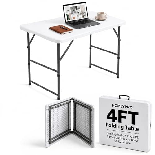 HomlyPro Heavy Duty 4FT Folding Table 120x60cm, White, Plastic Folding Desk Portable as Camping Table, Picnic, BBQ, Garden Outdoor and Indoor Utility Surface
