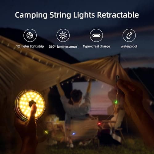 Mcbazel Camping Fairy Lights, 12M/39.4FT 120 LED Retractable Camping String Lights, 10 Modes, 2000mAh USB Rechargeable, IP67 Waterproof, Warm White & Multicolour for Tent Outdoor Garden Camping — view 2