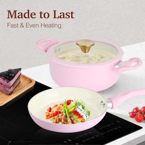 M MELENTA Pots and Pans Set Non Stick, 11-Piece Pink Induction Hob Pan Set — view 4