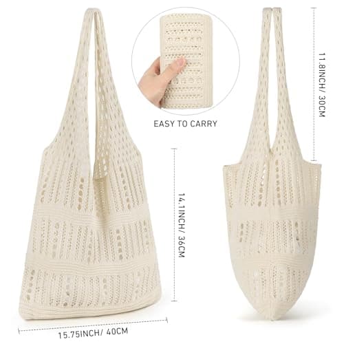 WantGor Crochet Bags, Beach Mesh Tote Bag Womens Shoulder Shopping Handbag Casual Travel Totes Bag Foldable Hobo Bags (Cream White) — view 4