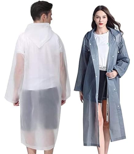GUKOY Rain Poncho Raincoats, [2 Pack] EVA Reusable Rain Coat Jacket with Hood, Rain Cover Poncho for men and women（White+Grey）