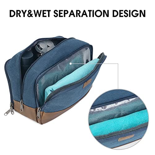WANDF Toiletry Bag for Men, Travel Wash Bag with Handle, Water-Resistant Canvas Shaving Organiser, SBS Metal Zipper Dopp Kit for Makeup Bathroom Gym (Blue) — view 4