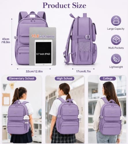 FIORETTO 25L School Bag for Girls & Teens, Womens Backpack Rucksack with Organized Pockets, Trolley Strap & Chest Buckle, Fits 15.6" Laptop, Ideal for School, Travel & Daily Use Purple — view 6