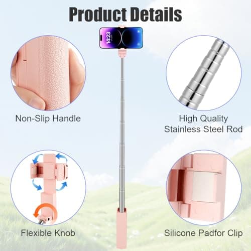 Adiwo Portable Pocket Selfie Stick, Extendable Mini Selfie Stick for 4-7" Phones, with Wireless Remote Control Button, Extends from 12-70cm, 109g Lightweight, for Live Streaming,Vlog,Content Creation — view 4