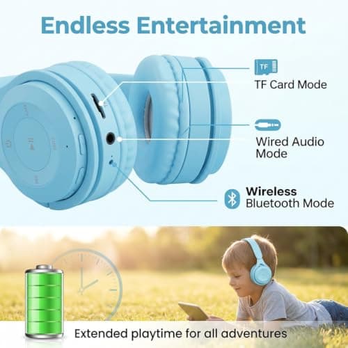Kids Wireless Headphones Bluetooth 5.0, 60H Play Time, 74/85 dBA, Blue — view 4