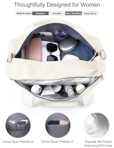 Gym Bag for Women,Pu Leather Handle,Dry Wet Separated with Shoe Compartment & Wet Pocket,Waterproof Duffle Bag for Travel Sports Fitness Workout Athletic (Beige,19"-Medium) — view 5