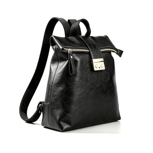 LA DEARCHUU Leather Rucksack Women Men, Black Leather Backpack Handbags Multi-Pocket Durable Comfortable Flap Over Travel Soft Daily Backpack Daypack with Snap Closure
